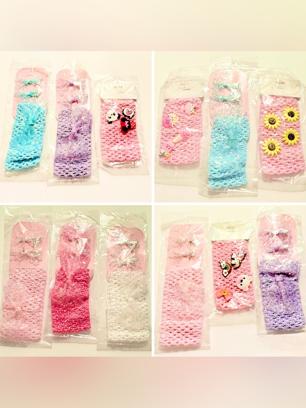 Kids Crochet Headbands with Cute Charms - Pink, Purple, Blue, Set of 12